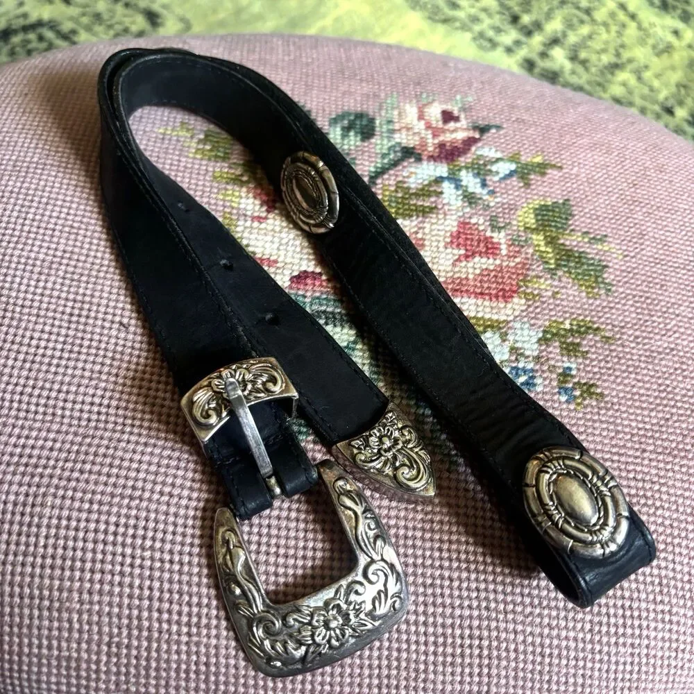 Vtg Concho Black Leather Belt Embossed Western Silver Buckle 32 Grunge Cowgirl